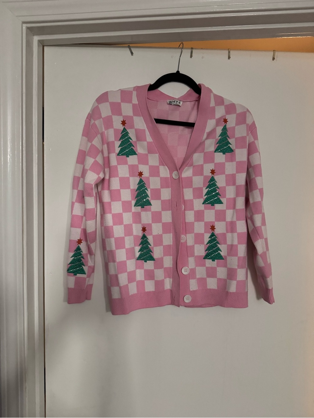 WHYdress Pink Check Holiday Cardigan Sweater with Green Tree Motif